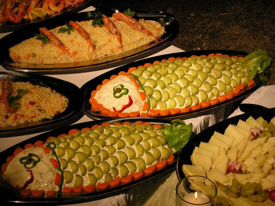 plateaus with various cooking foods like fish with mayonnaise at 'Agrotouristic Women's Cooperative of Mesotopos Lesvos'